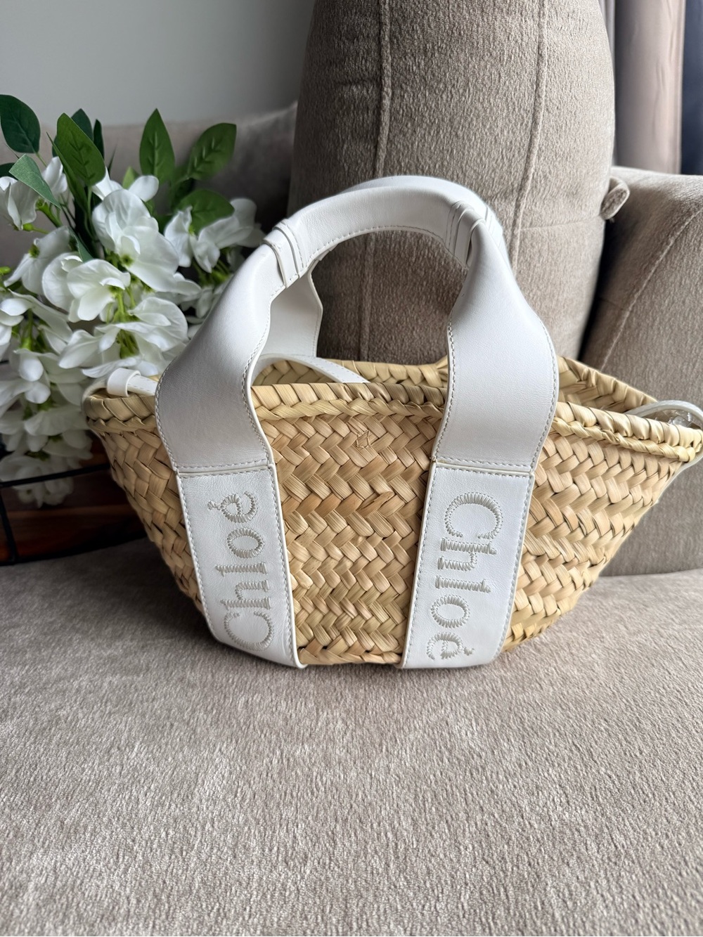 Chloe White Leather-Trim Straw Mini Tote Crossbody Authentic